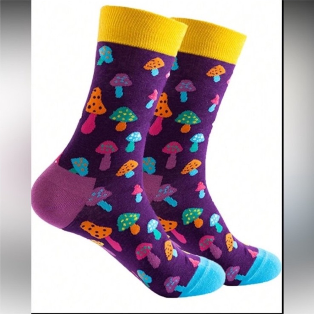 Bright Purple Mushroom Crew Socks with Yellow Cuff - Picture 2 of 4